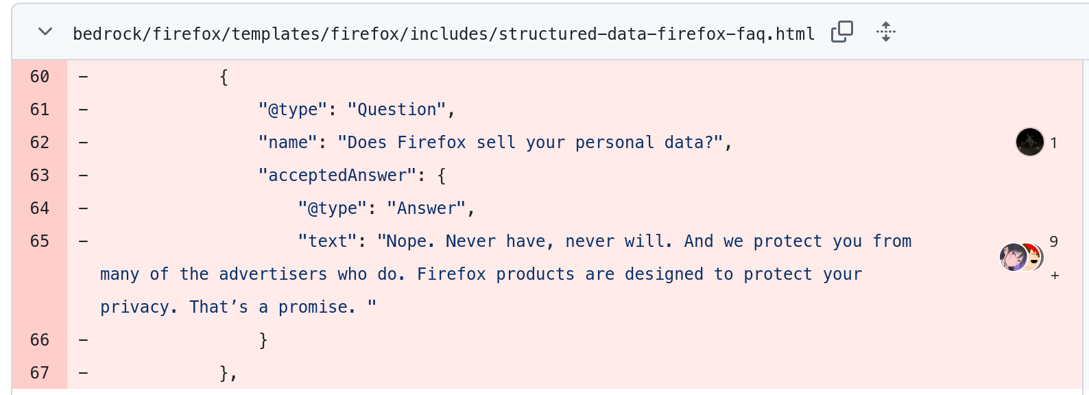 Screenshot of a GitHub with text being removed from the Firefox Privacy Notice: Does Firefox sell your personal data?