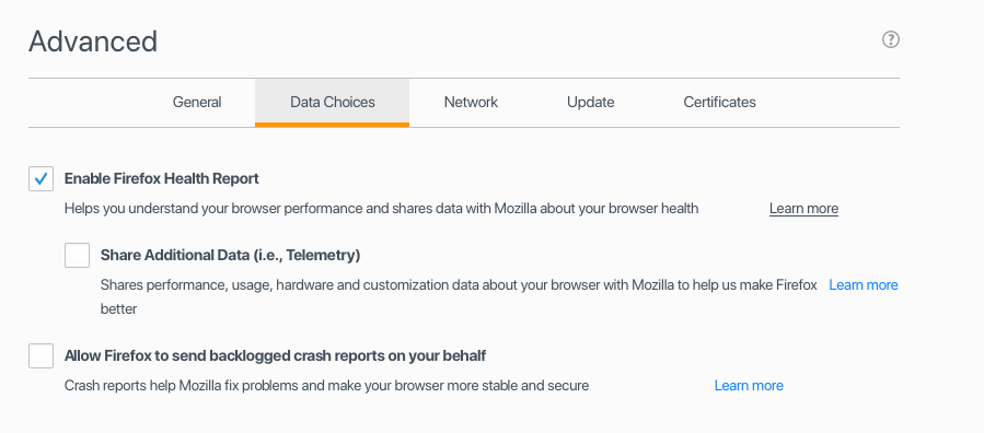 Screenshot of a Firefox 55 preference panel displaying the Advanced Data Choices pane