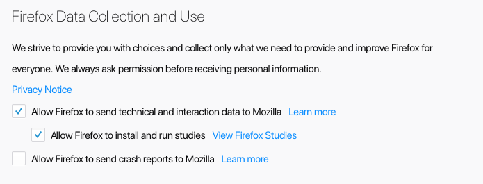 Screenshot of Firefox 56 preferences displaying the Firefox Data Collection and Use section