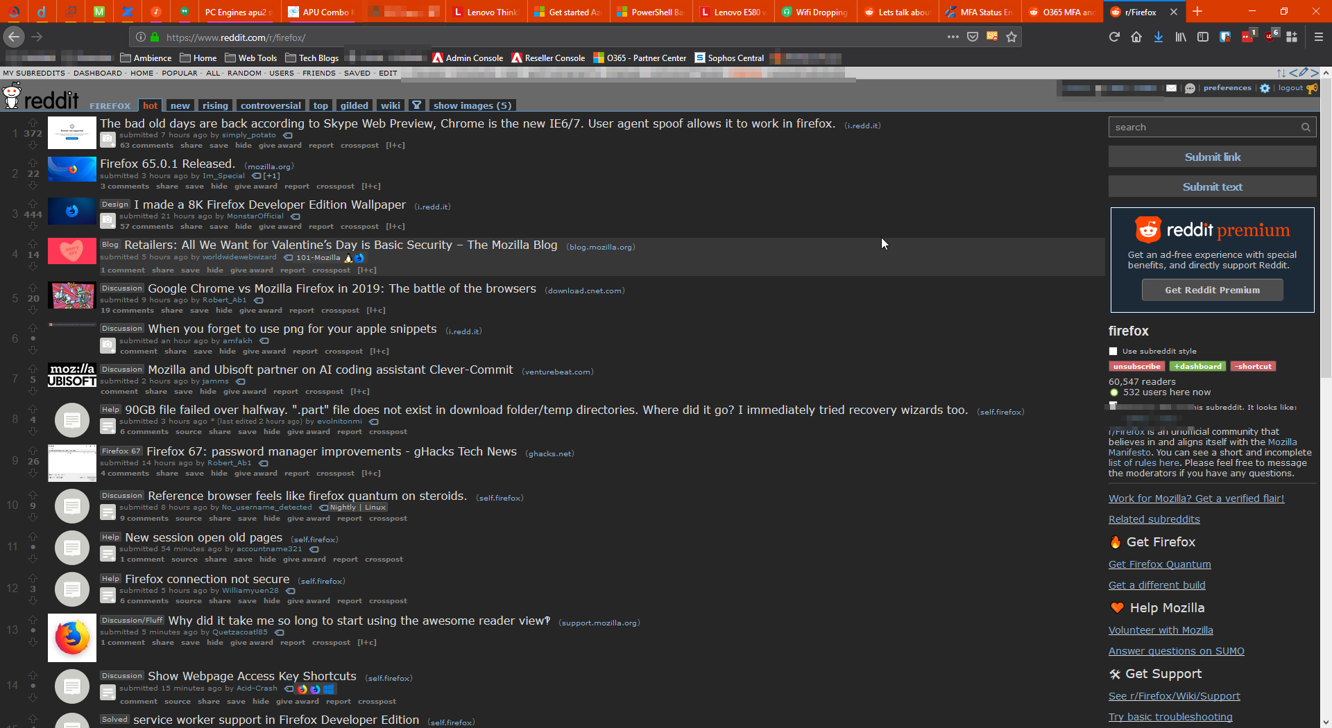 Firefox 65 Dark theme screenshot with red-orange tab strip