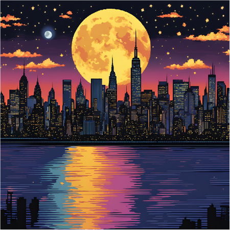 NYC skyline in the style of SNES graphics and a large moon