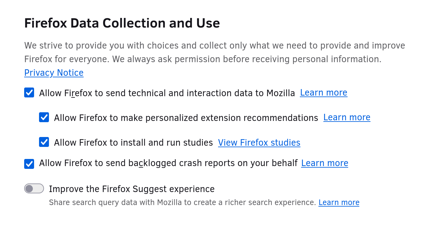 Screenshot of Firefox's Data Collection and Use preferences panel